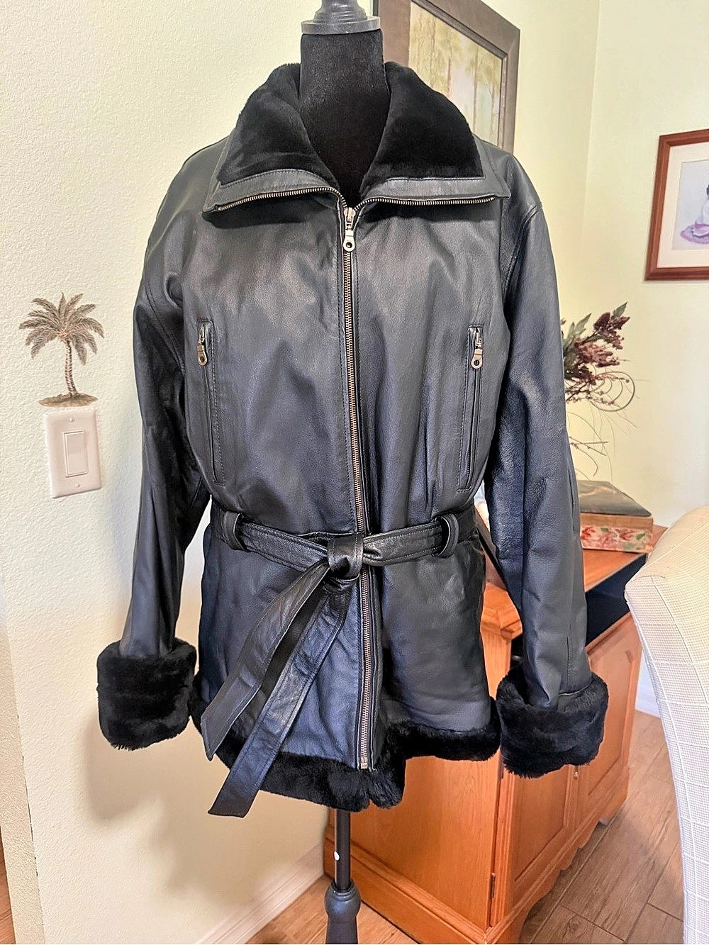 Vintage Marcia Black Faux Fur Trim Belted Jacket XL
